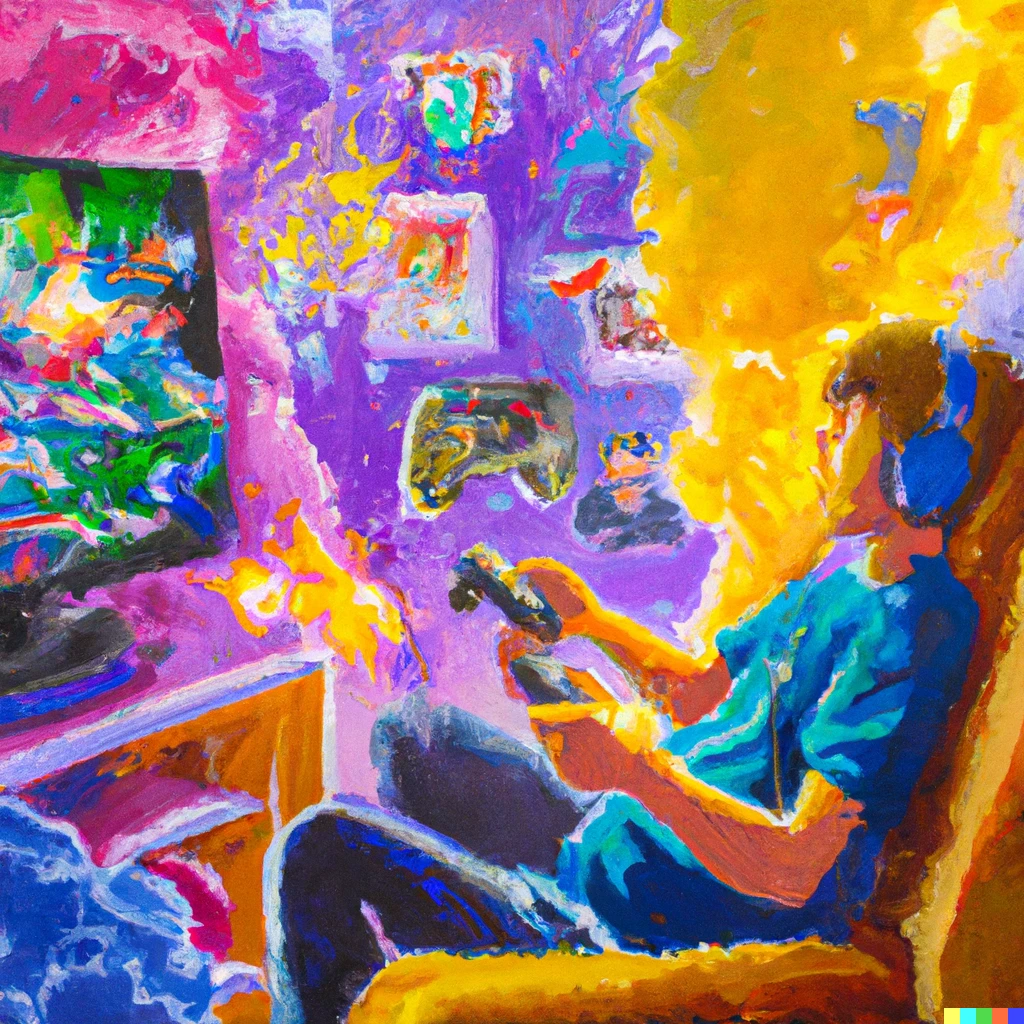 Prompt: An expressive oil painting of a man playing console games while sitting on the couch in front of the TV. The TV is in the middle of a nebula of colors with classic arcade characters floating out of it.