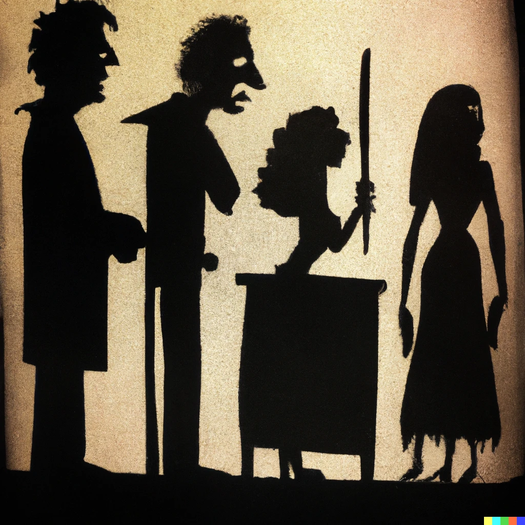 Prompt: Sweeney Todd being performed by shadow puppets 