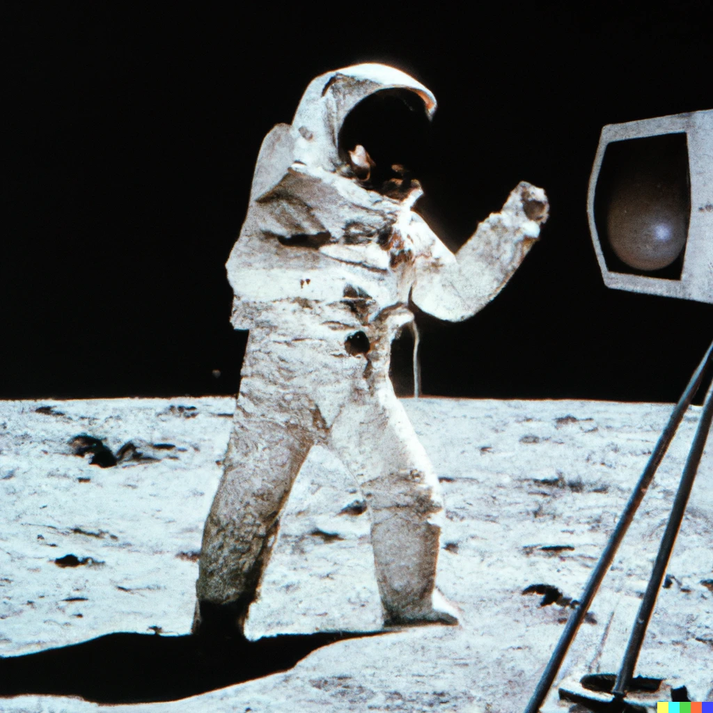 Prompt: The first astronaut on the moon, TV image