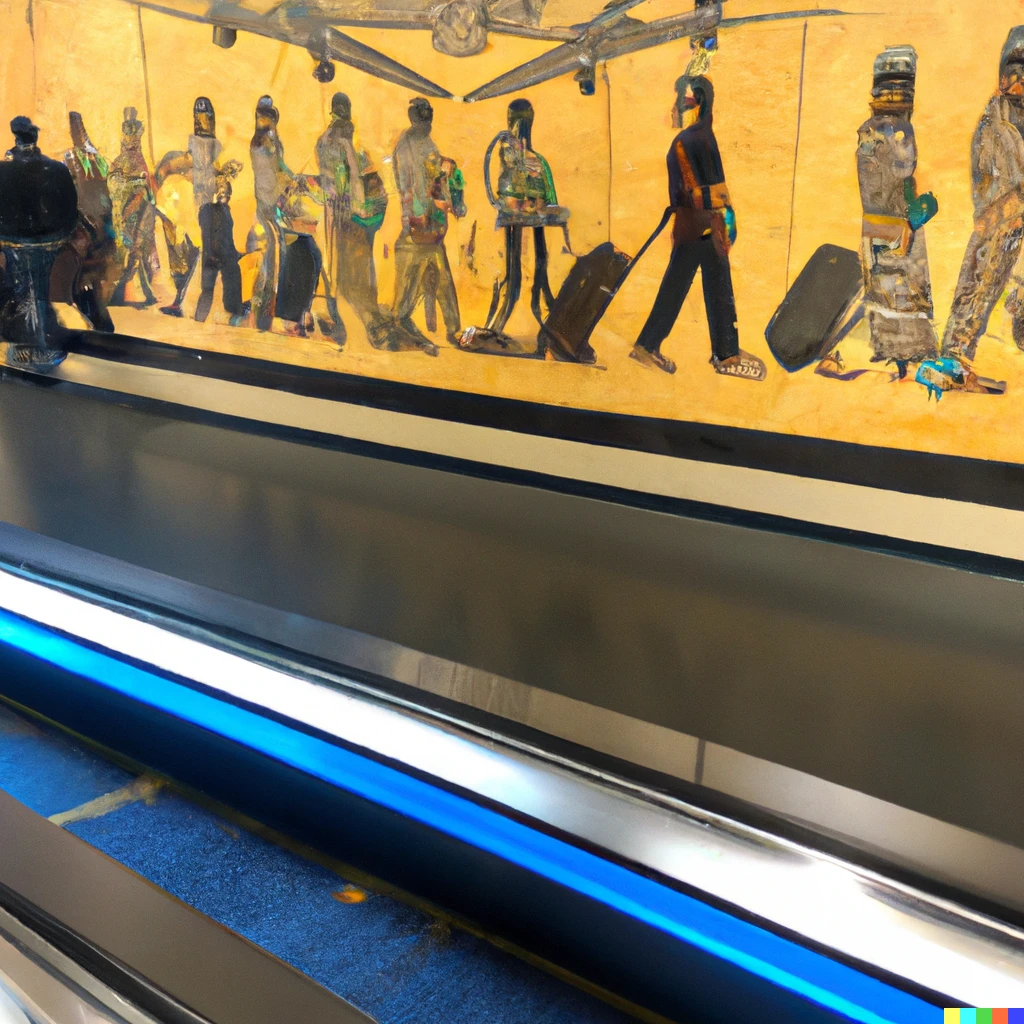 Prompt: A busy holiday at LAX, Egyptian fresco
