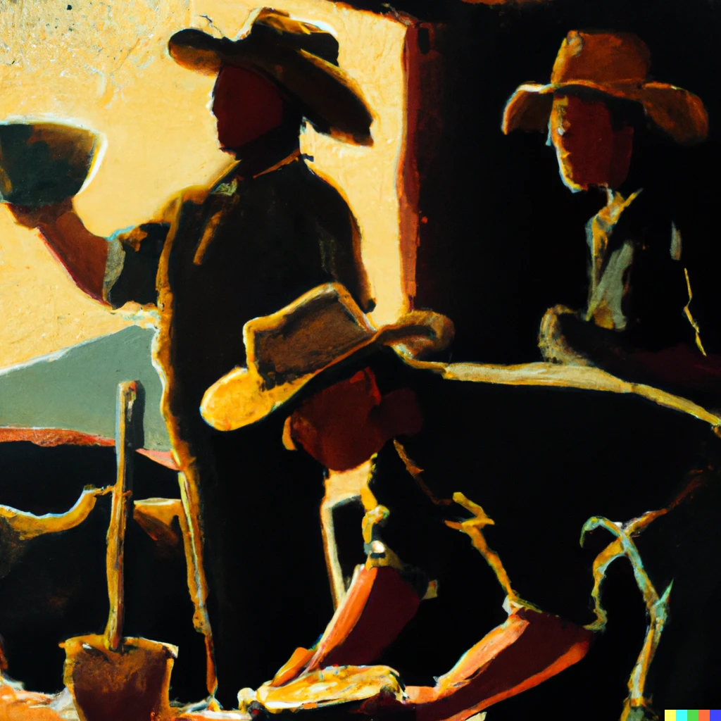 Prompt: A painting of cowboys cooking breakfast, chiaroscuro 
