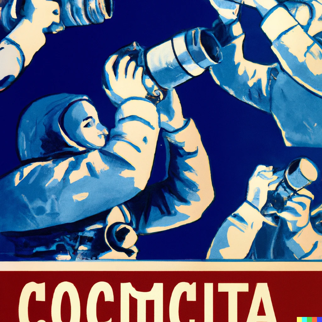 Prompt: Soviet propaganda posters featuring cosmonauts with cameras 