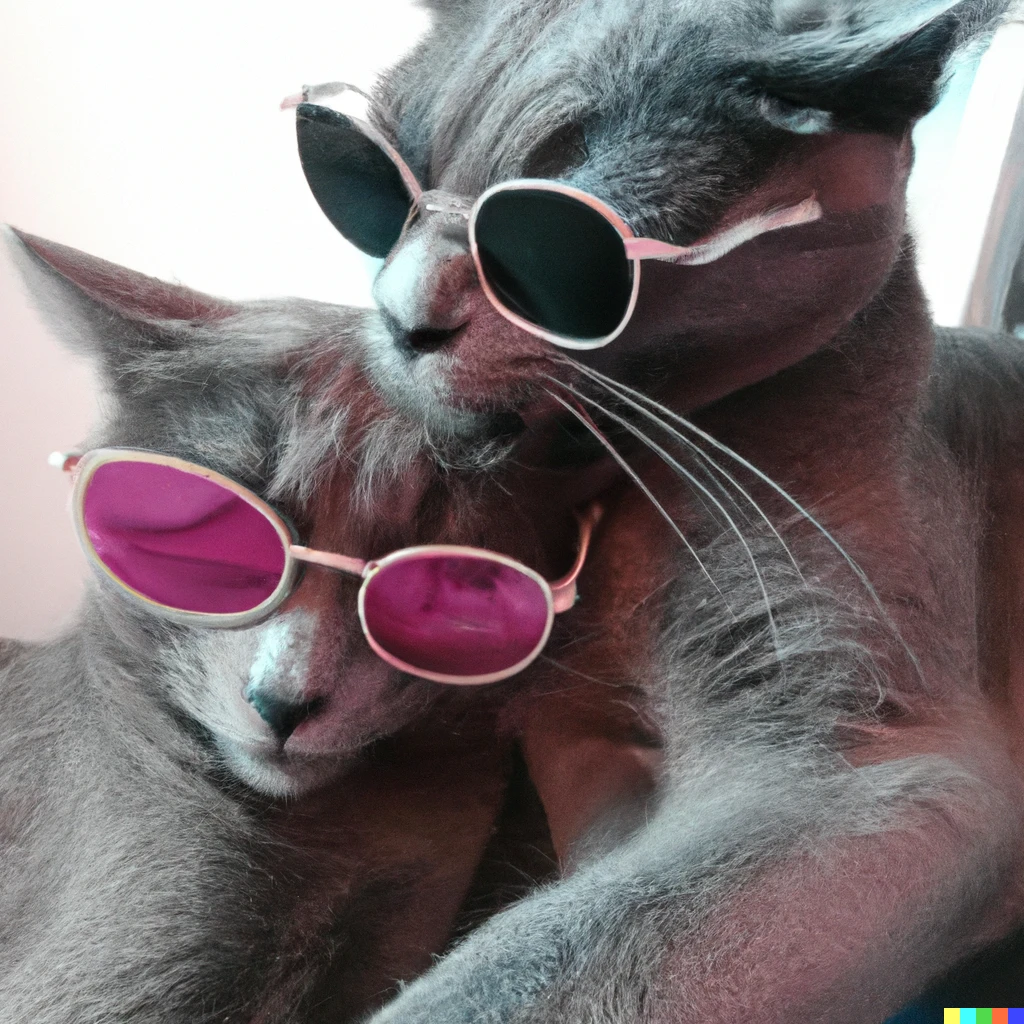 Prompt: A photo of two russin blue cats, with pink sunglasses, hugging each other