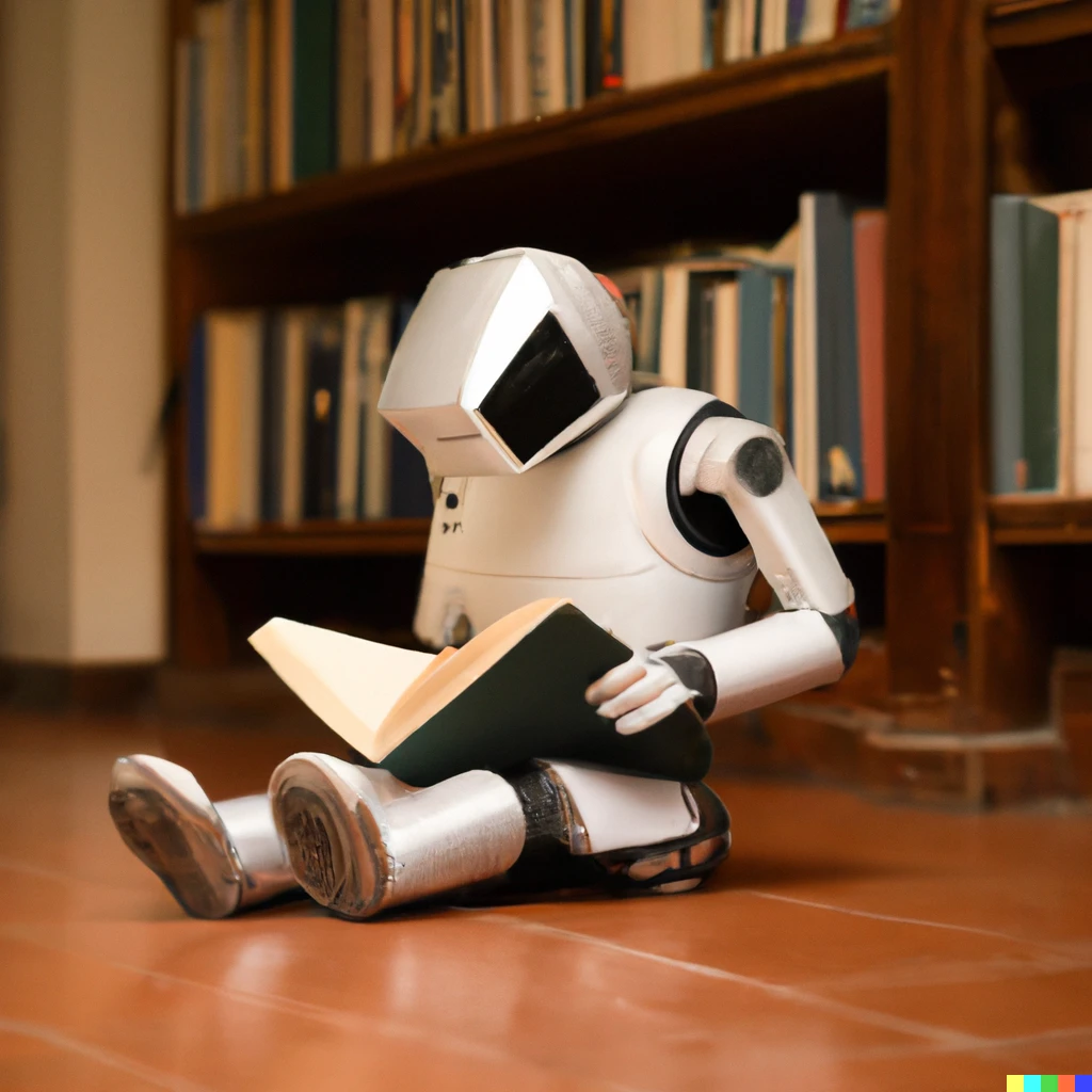 Prompt: a robot reading a book seating on the flor in the library, da vinci 
