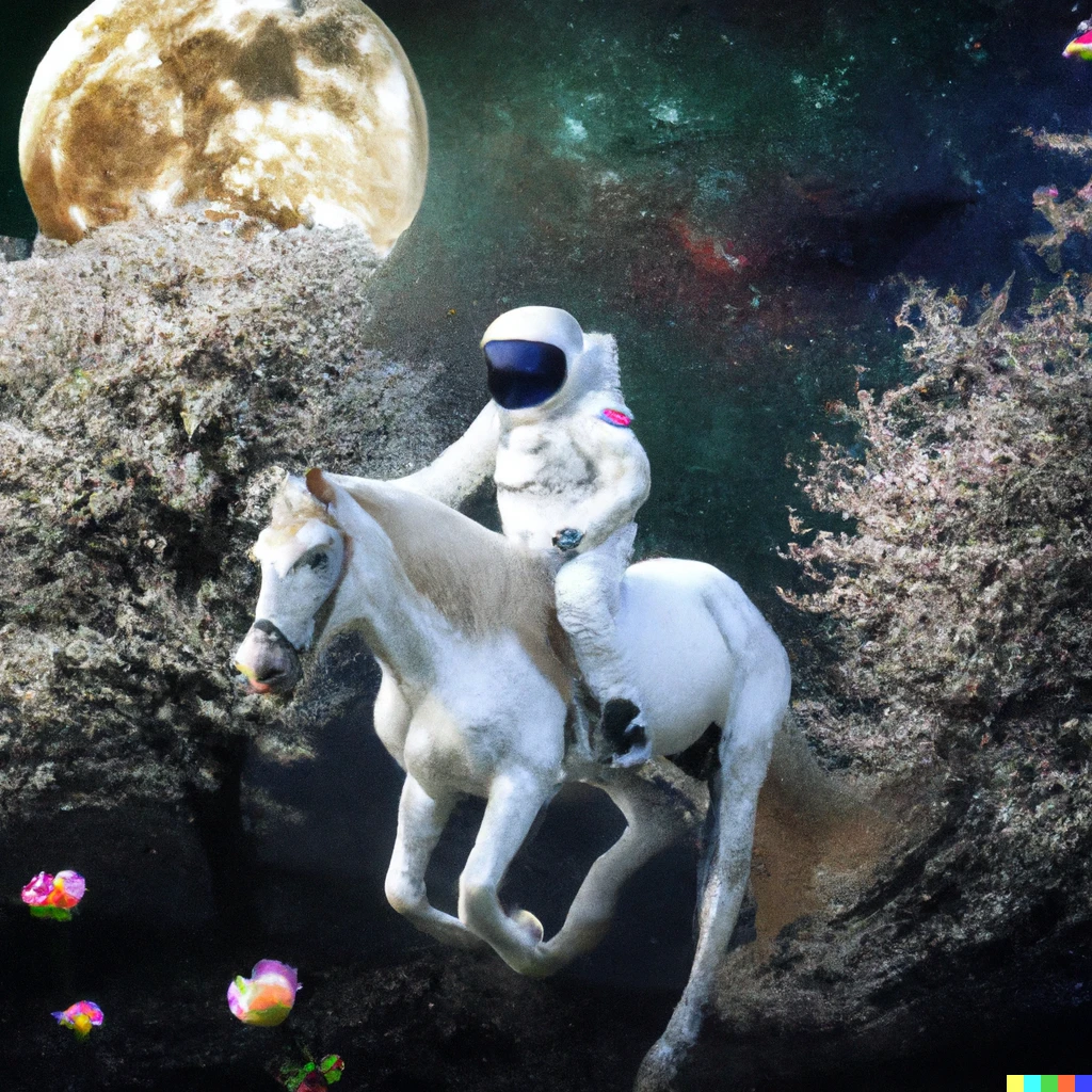 Prompt: astronaut riding a white horse in a flower forest on the moon, renaissance  