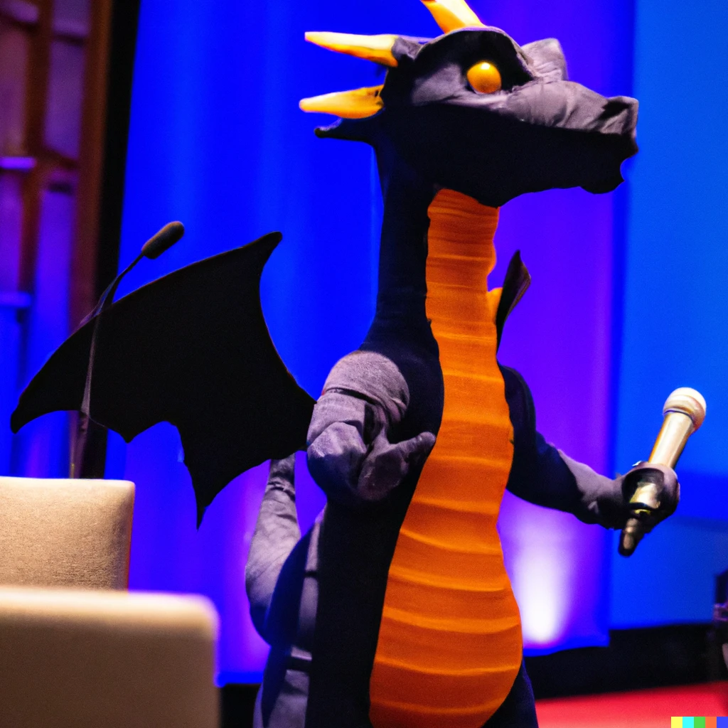 Prompt: photo of a dragon giving a speech at a tech conference
