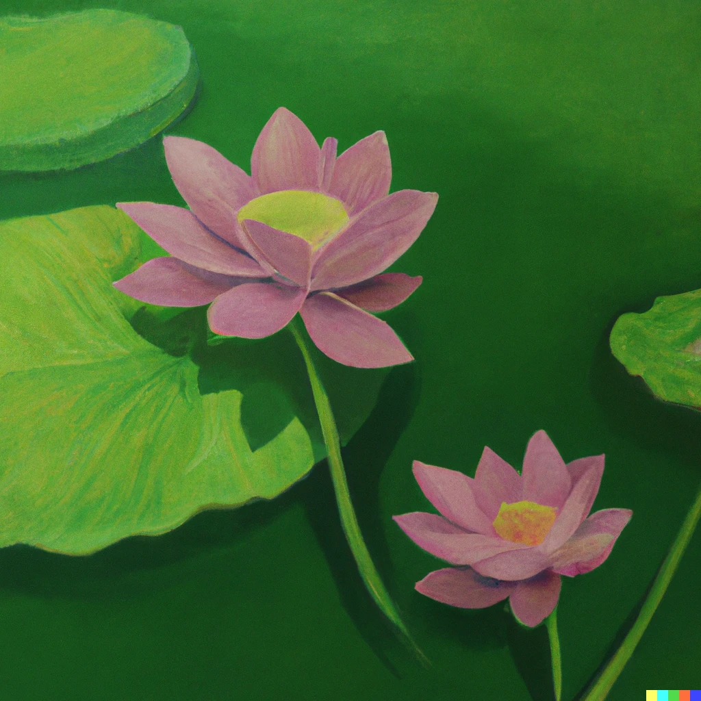 Prompt: Lotus flowers in green pond realistic painting