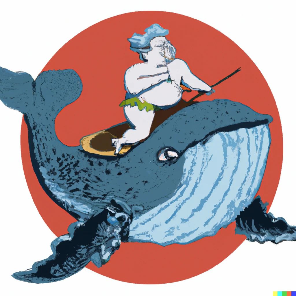 Prompt: Fat Apollo surfing on a whale