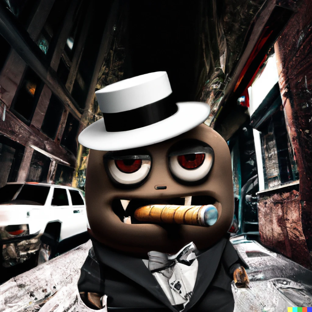 Prompt: A photo of a cute gangster monster with big eyes wearing a hat and smoking a cigar. Low light new york city back-alley background.