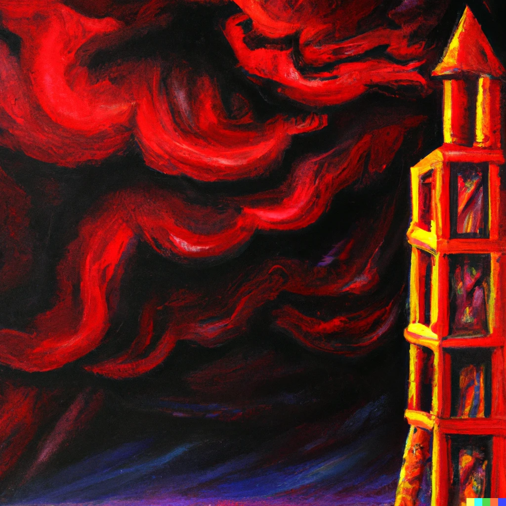 Prompt: A surrealist oil painting of a red tower in a stormy night 