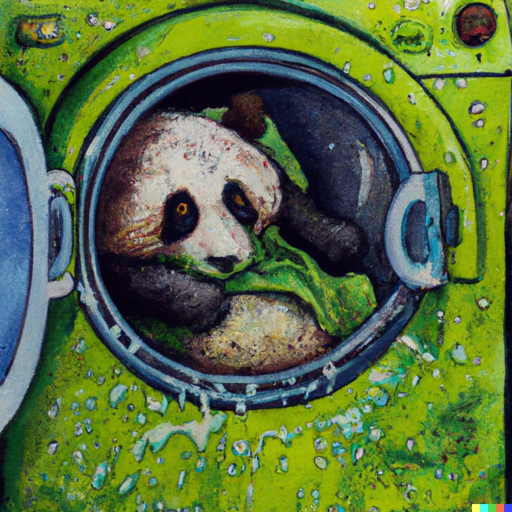 Prompt: a Hieronymus Bosch painting of a panda bear inside a green washing machine