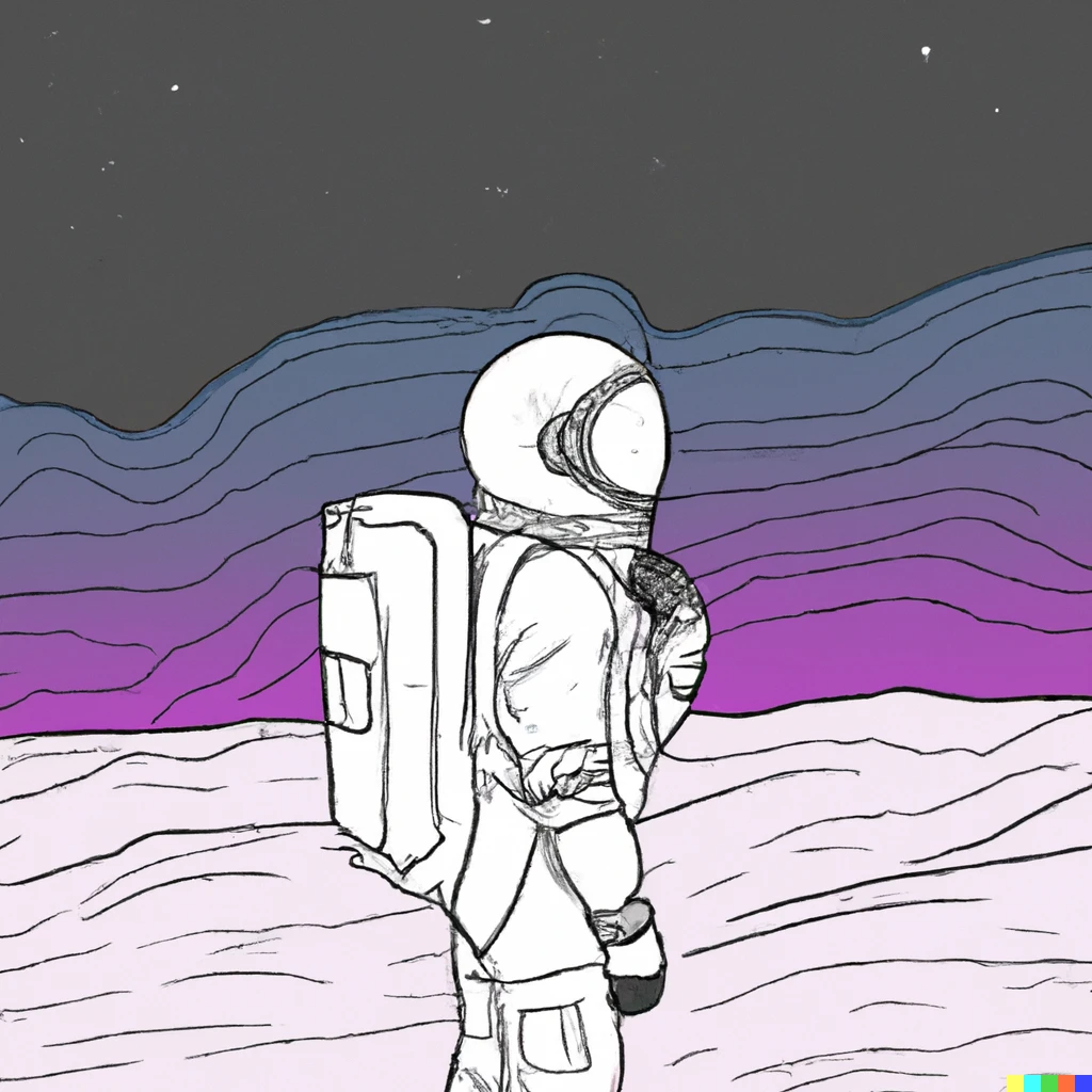Prompt: astronaut looking up into the stars on a unknown planet, hand-drawn vaperwave