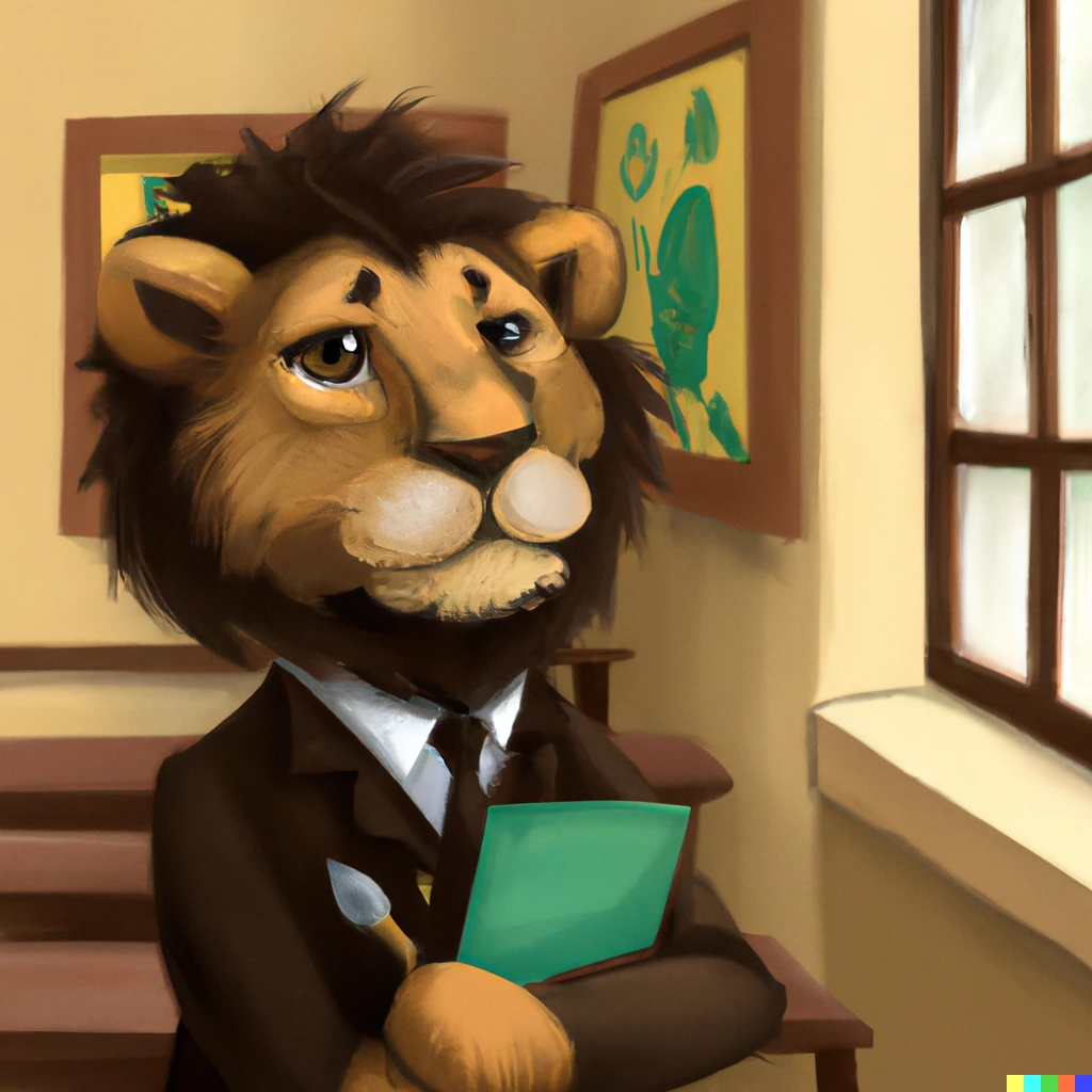 Prompt: a painting of lion as a student in school