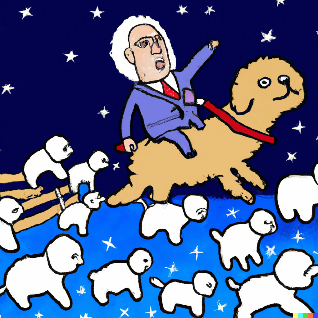 Prompt: Bernie Sanders conquering the moon with an army of poodles
