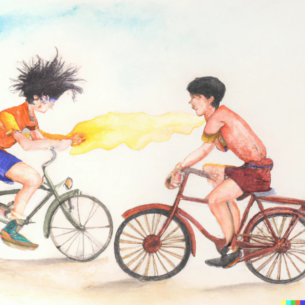 Prompt: A watercolor painting of Harry Potter and Goku having a heated argument while riding a tandem bicycle 