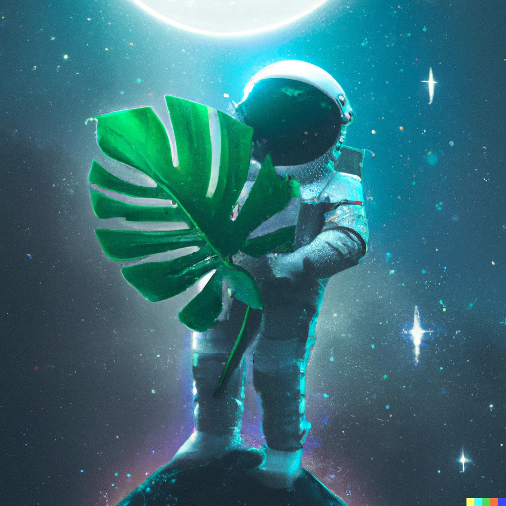 Prompt: An astronaut holding a monstera plant whilst standing on the moon, in a cyberpunk style, digital art. 