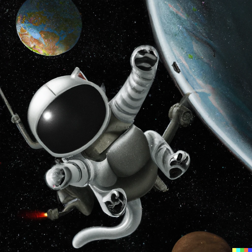 Prompt: Spacewalking cat with a spacesuit, spaceship visible nearby, earth partially visible in the bottom, digital art