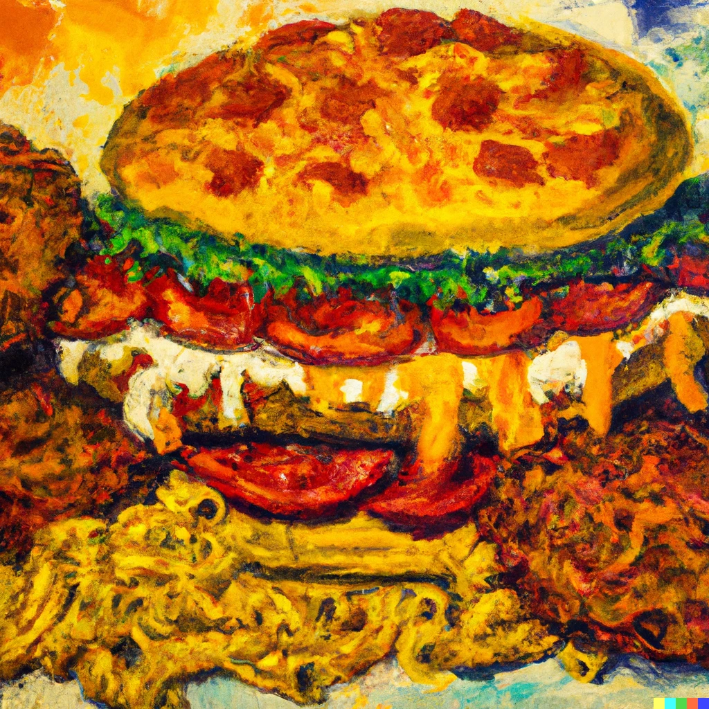 Prompt: An impressionist painting of pizza-pasta-burger hybrid