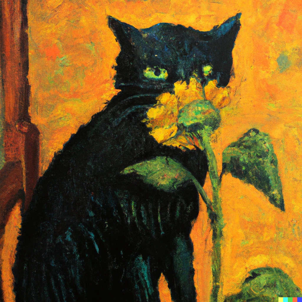 Prompt: oil painting by Van Gogh of a black cat eating a sunflower