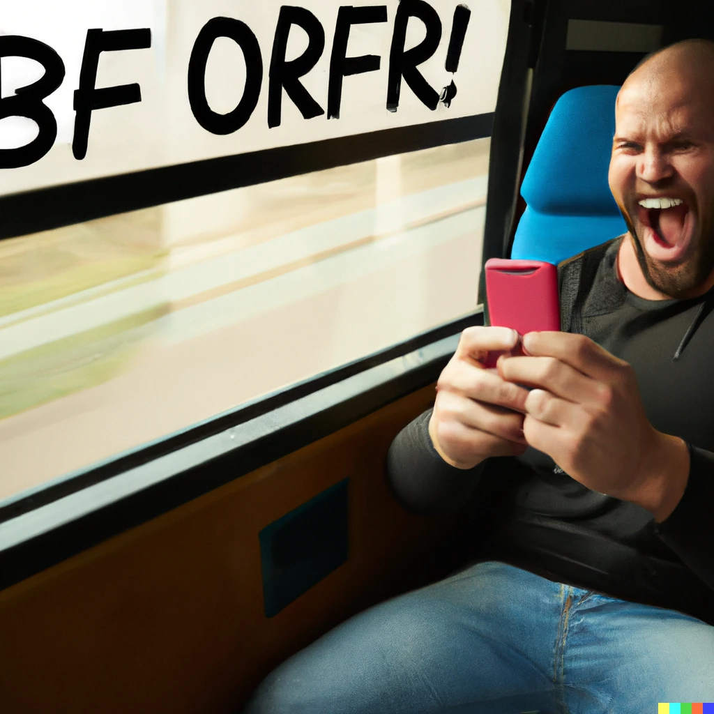 Prompt: Man cheering wildly while sitting on the bus and reading the news on his phone about how the NFT collection Okay Bears is the worlds strongest brand