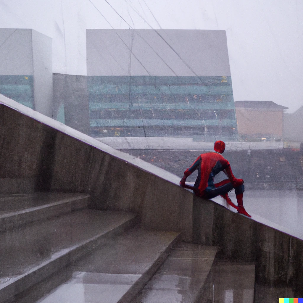 Prompt: Spider-Man reminiscing about the days of his past while crouching above Oslo Opera House as the September rain pours down