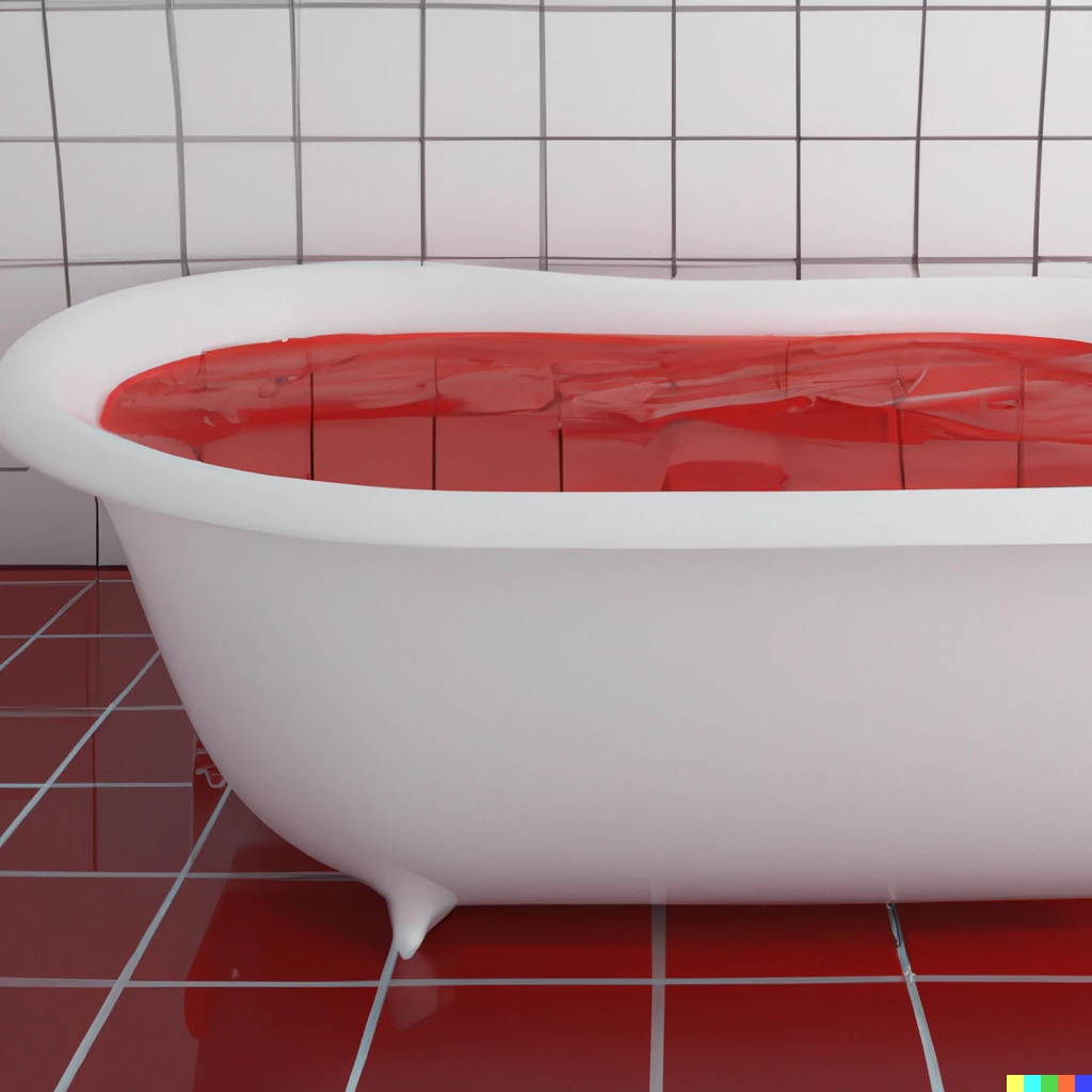 Prompt: a white bathtub filled with red jello, on a tile floor in front of a tile wall, 3d render octane