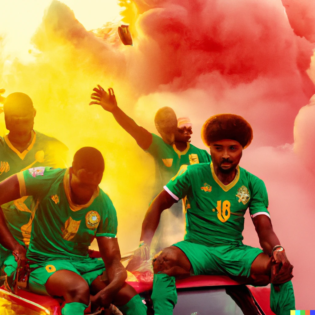 Prompt: Cameroon's Lions Indomptables coming home triumphant from the World Cup, ethereal