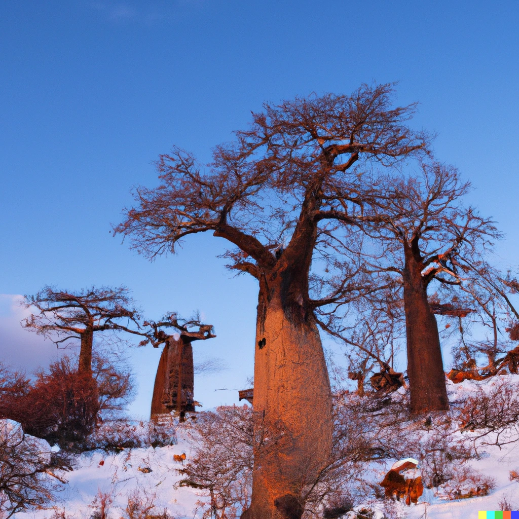 Prompt: Baobab trees on a snowy mountain