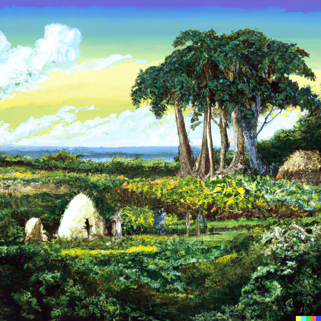 Prompt: Okonkwo's village, with a lush field full of yams, drawn by Gauguin