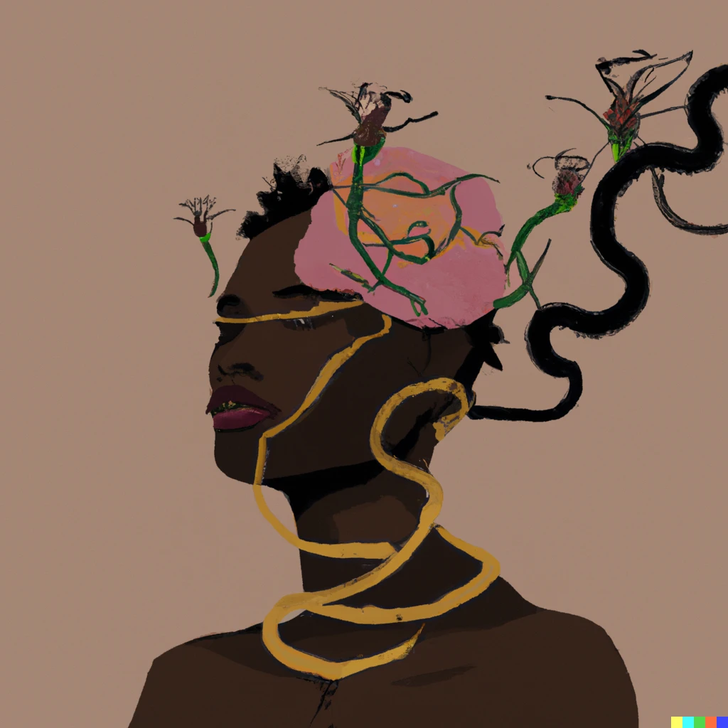 Prompt: a woman finding herself, in the afrofuturist style of Wangechi Mutu