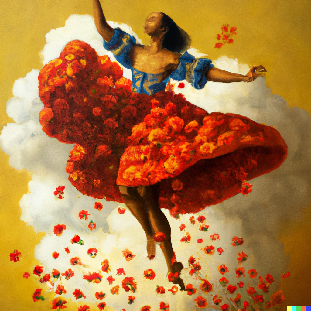 Prompt: Oshun dancing in a dress floating into the weekend on a cloud made of poppies, by Johannes Vermeer