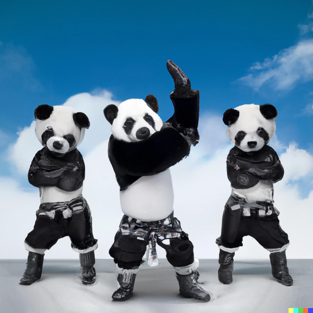 Prompt: a trio of pandas who are now backup dancers for Fally Ipupa