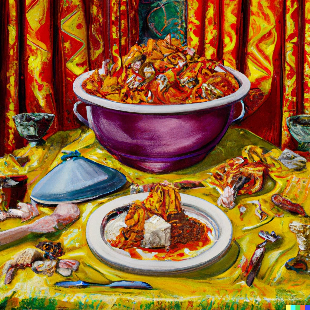 Prompt: an exoressive oil painting of a bowl of egusi soup surrounded by a colorful assortment of fufu, in a throne room