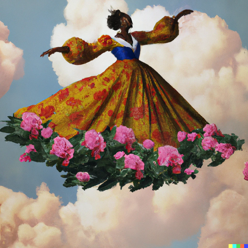 Prompt: Oshun dancing in a dress floating into the weekend on a cloud made of peonies, by Johannes Vermeer