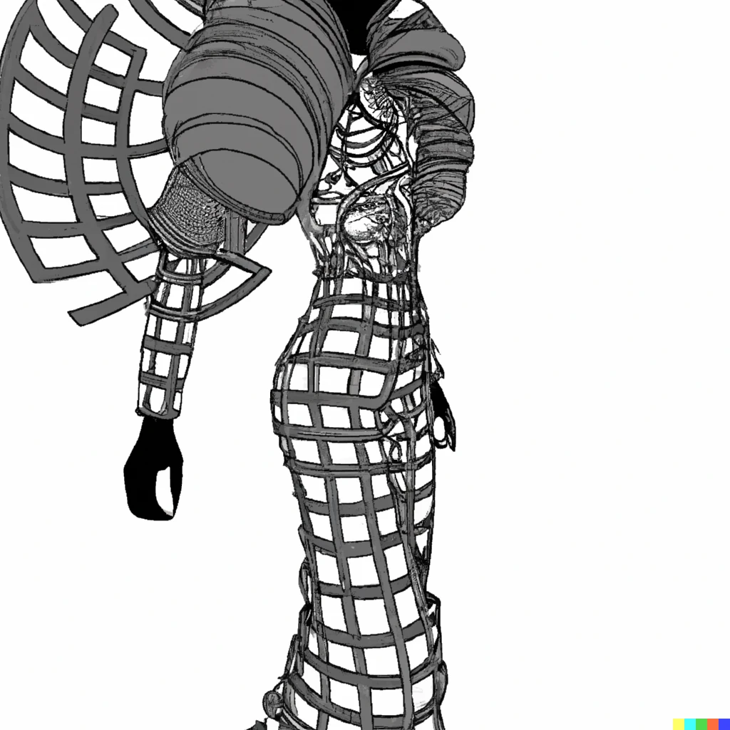 Prompt: Oshun modeling a futurist ankara haute couture outfit for Lagos Fashion Week, detailed designer 3D sketch