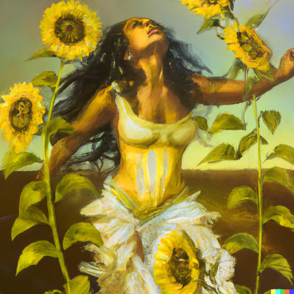 Prompt: an expressive ethereal Renaissance painting of Oshun dancing in sunflower fields