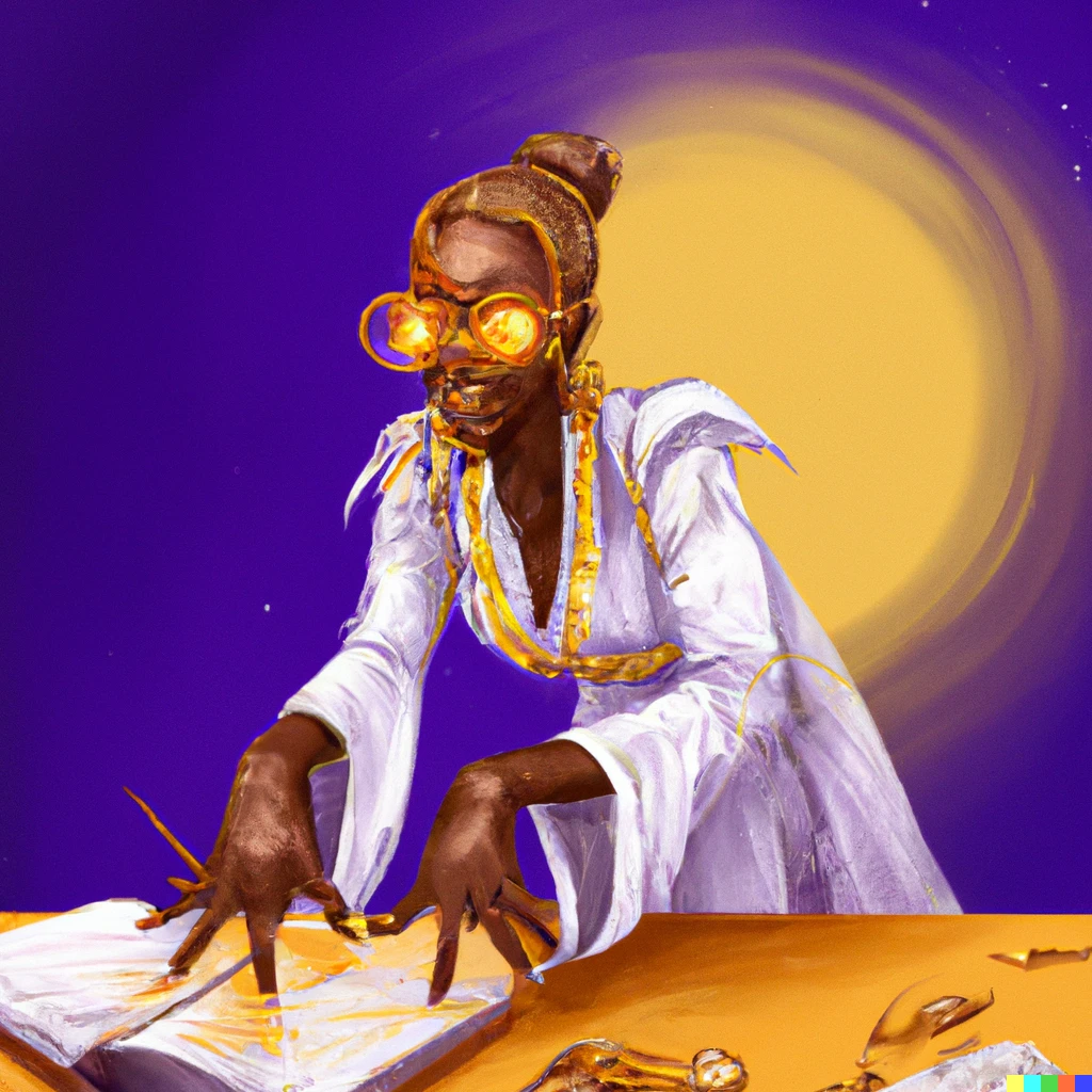 Prompt: A playful Oshun conjuring spirits to turn research papers into gold, digital art