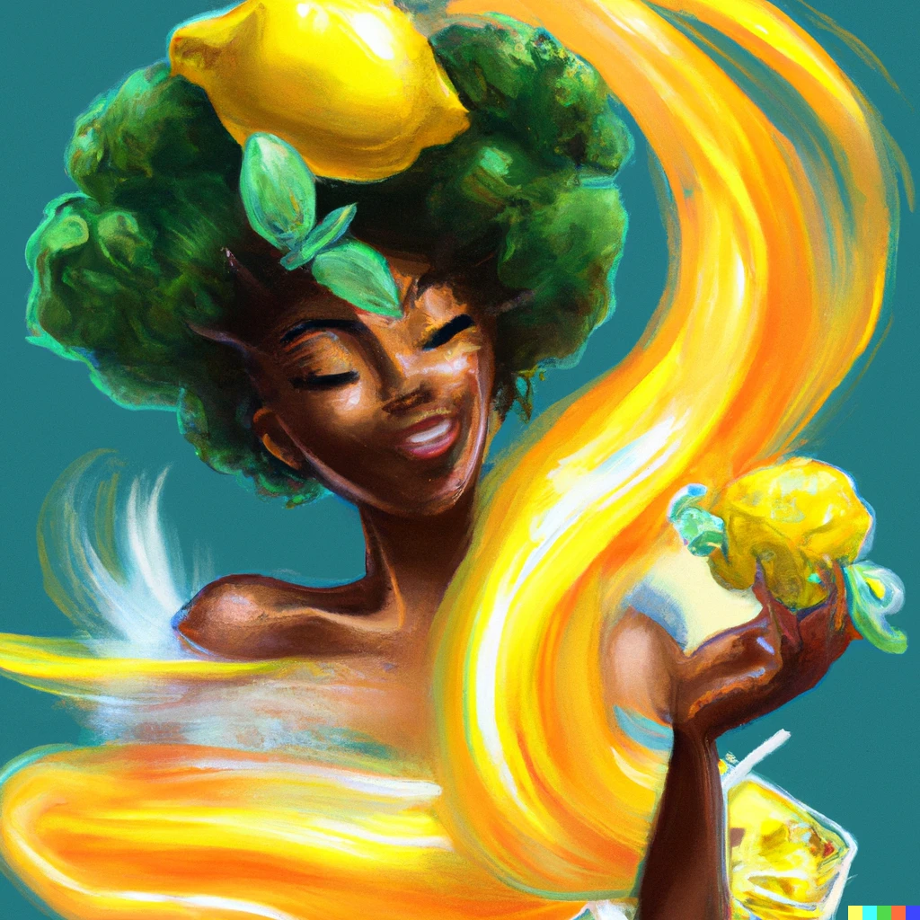 Prompt: Oshun emerging from an alternate universe, to turn lemons and broccoli into ice cream, detailed digital art that makes me hungry
