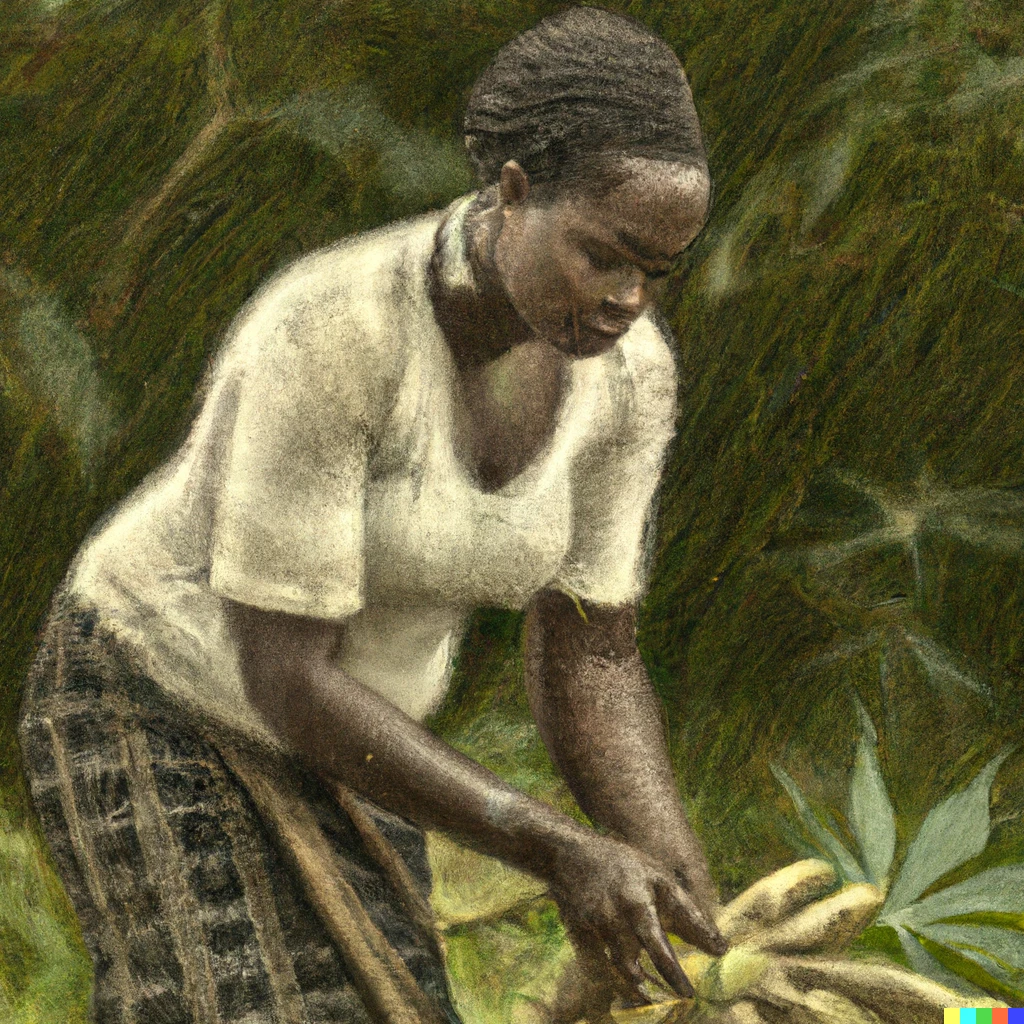 Prompt: a woman harvesting cassava in the Congo, in the style of Rembrandt