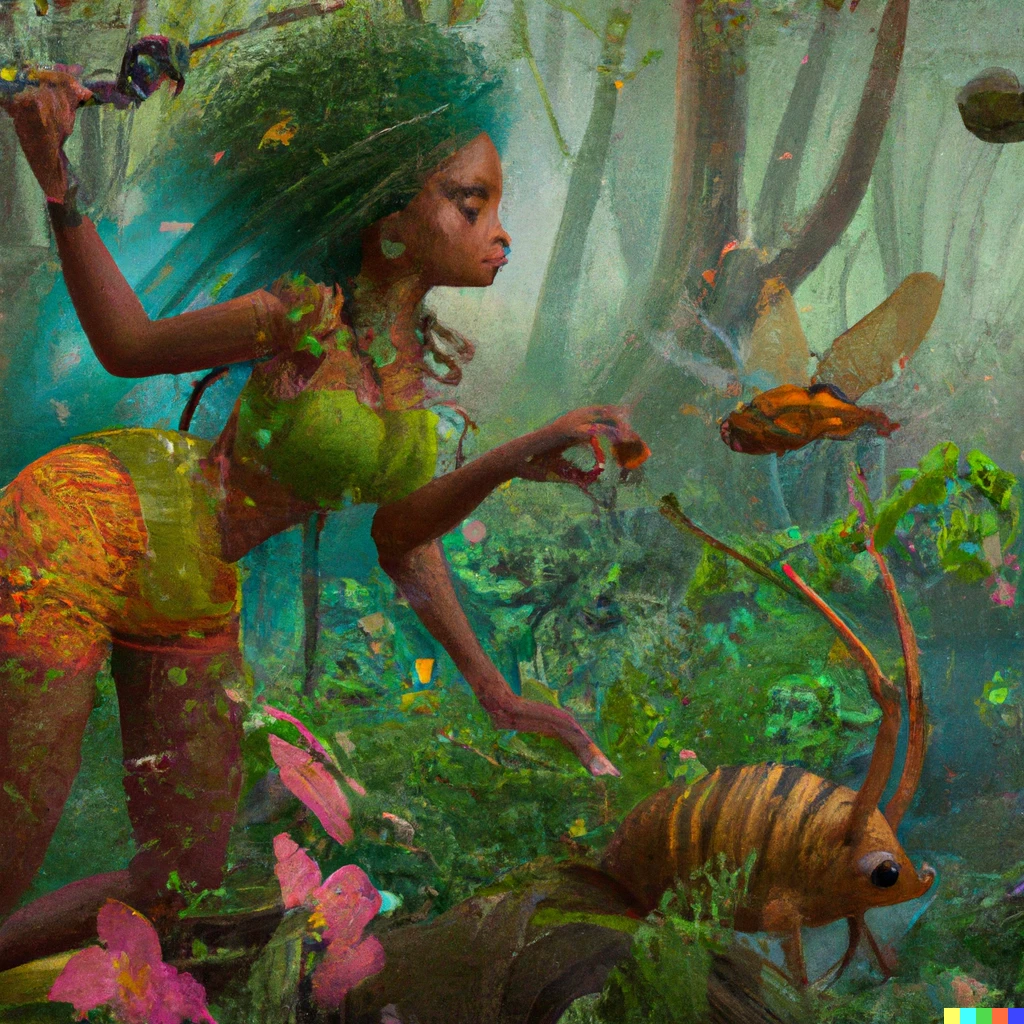 Prompt: An adorable fairy Oshun playing with woodland creatures in the Nigerian jungle, digital art