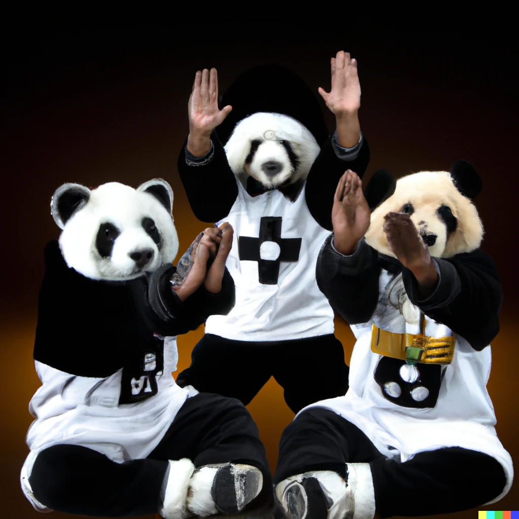 Prompt: a trio of pandas who are now backup dancers for Fally Ipupa