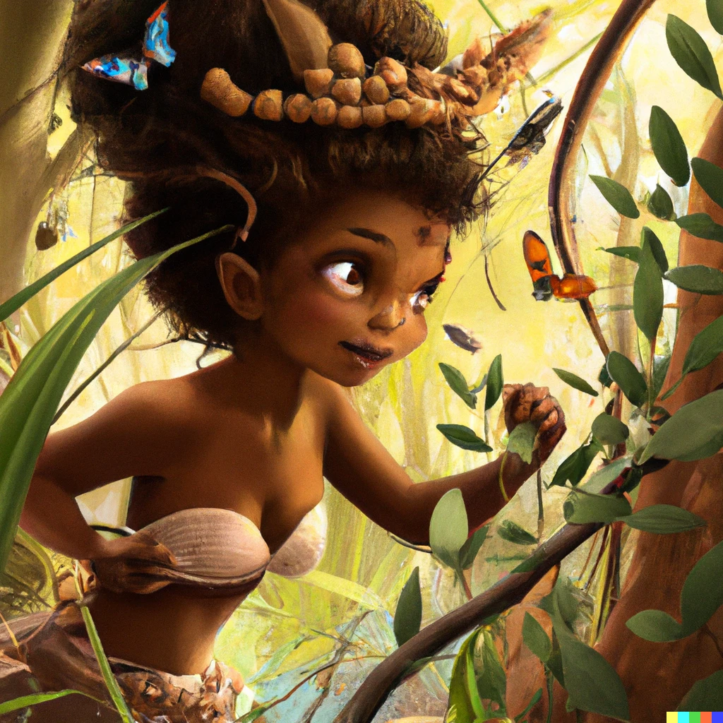 Prompt: An adorable fairy Oshun playing with woodland creatures in the Nigerian jungle, digital art