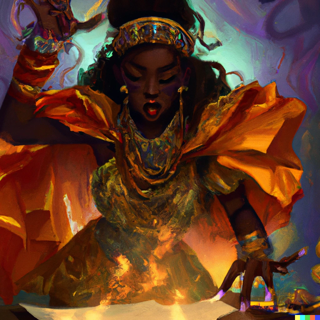 Prompt: A playful Oshun conjuring spirits to turn research papers into gold, digital art