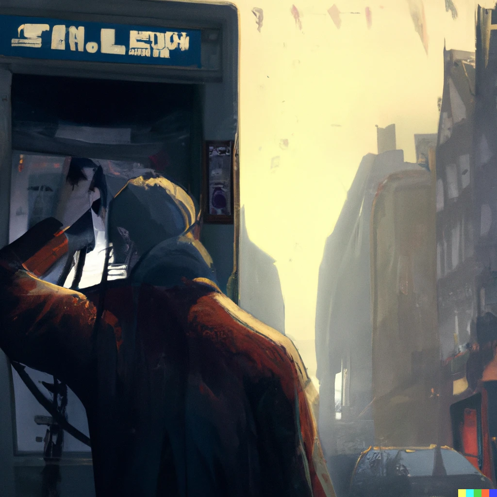 Prompt: A painting of A man in despair on hold with customer service in a post apocalyptic London, digital art