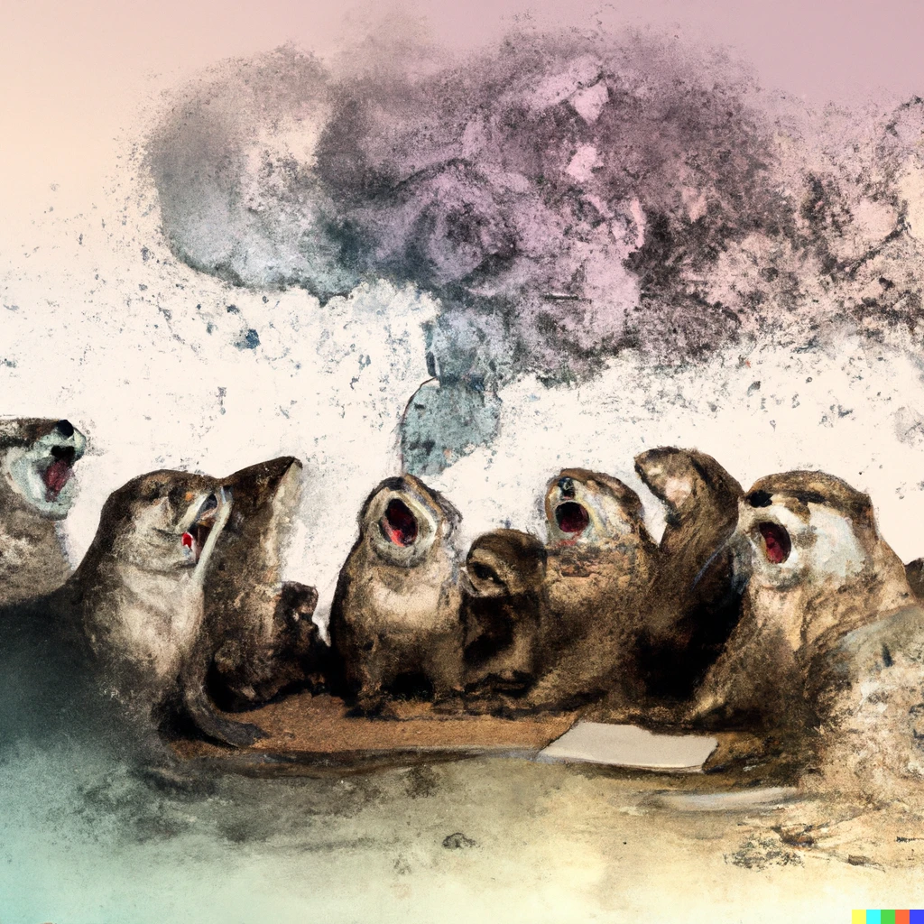 Prompt: Digital art of a group of eight otters talking at a table, the background is an explosion of their ideas and lives