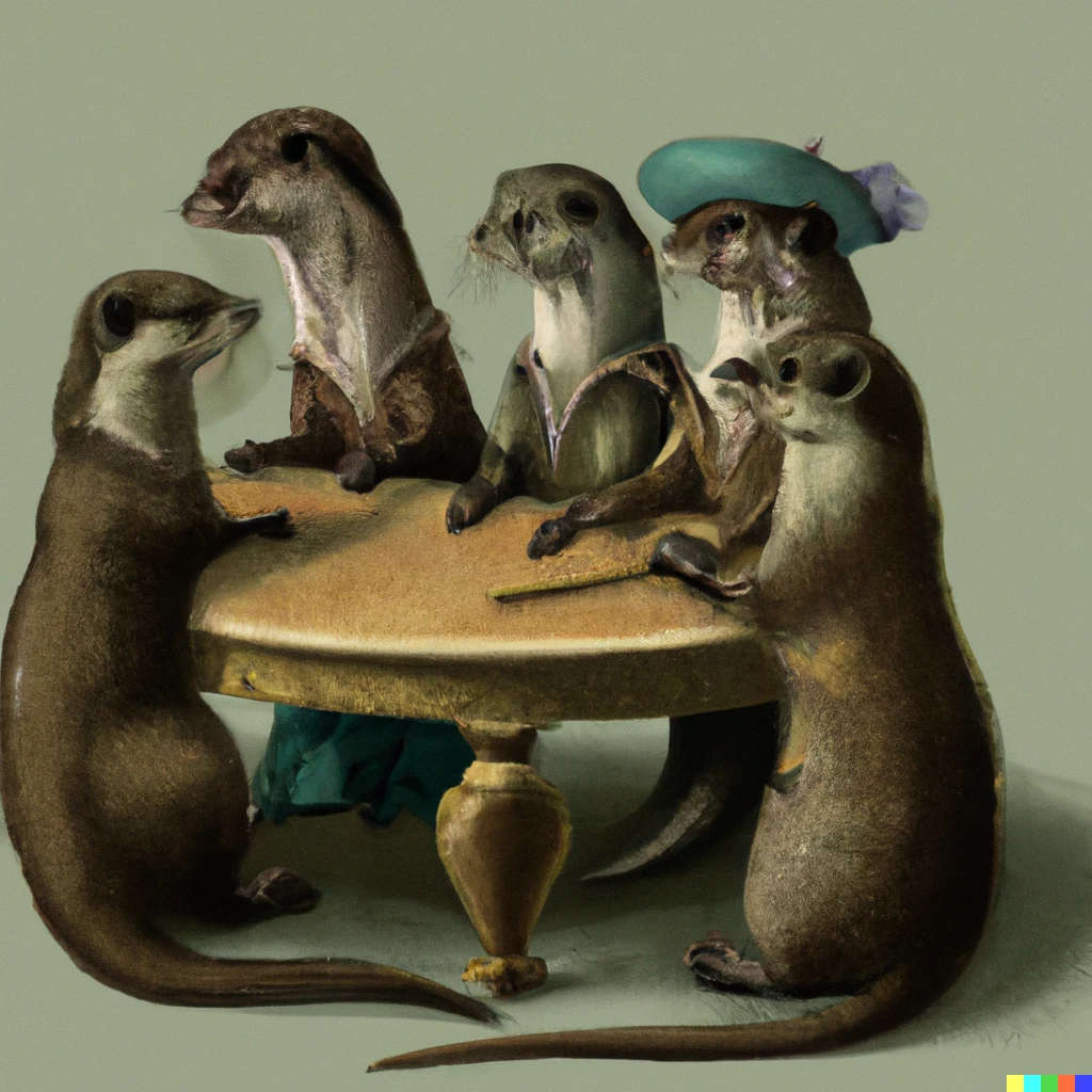 Prompt: otters as knights of the round table in the style of Vermeer 