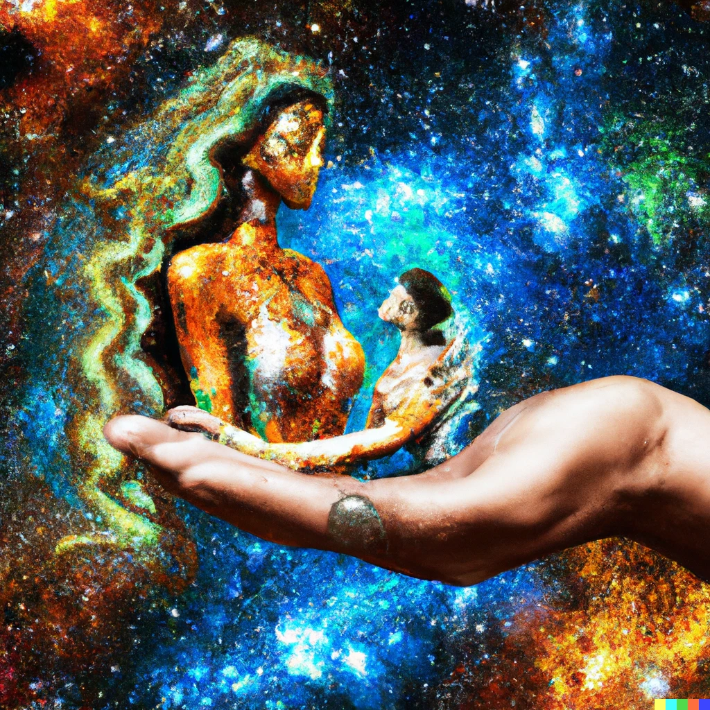 Prompt: a gigantic indigenous goddess holding a man in the palm of her hand close to her face amongst a cosmic background, digital art