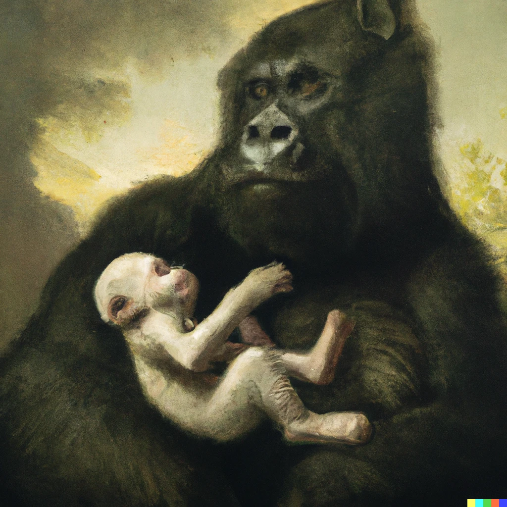 Prompt: A renaissance  painting of A gorilla holding a kitten 