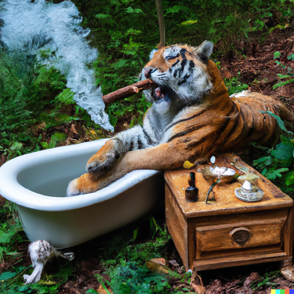 Prompt: a tiger smoking a cigar and taking a bath in a cast iron tub in the middle of a forest