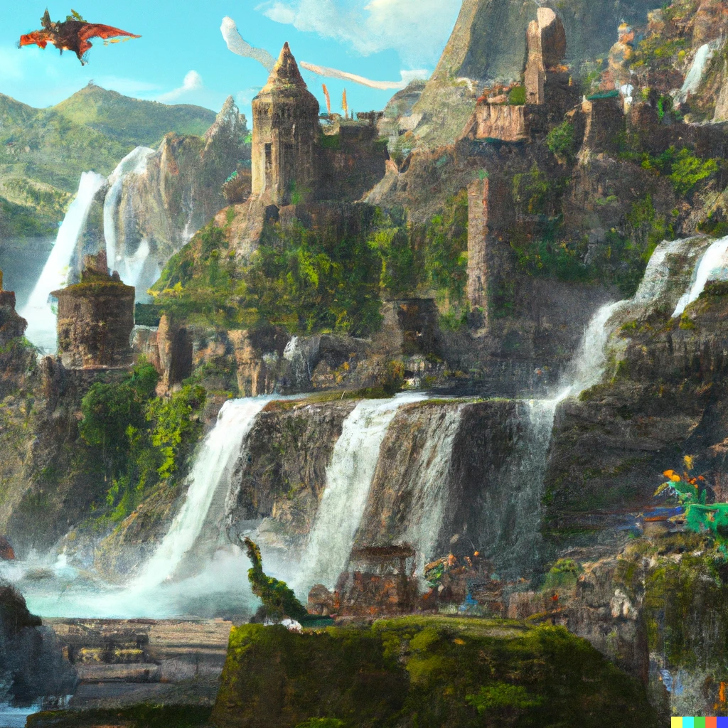 Prompt: a quaint medieval city on a hill overlooks a gorge made by a large waterfall, flocks of dinosaurs roam just outside the city gates, digital art